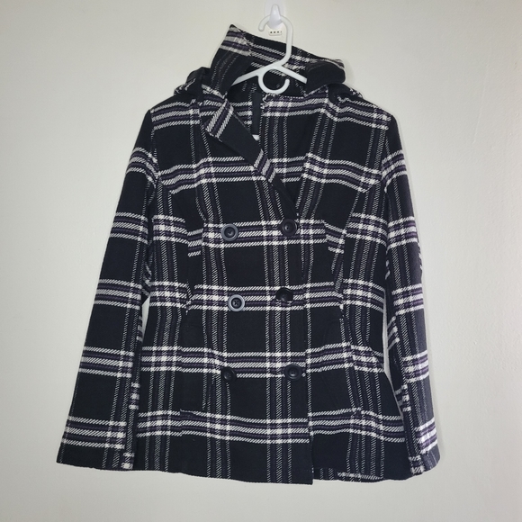 INTL Peacoat Women's Small Black White Winter Plaid Clueless Hood Pockets Stripe - Picture 1 of 14